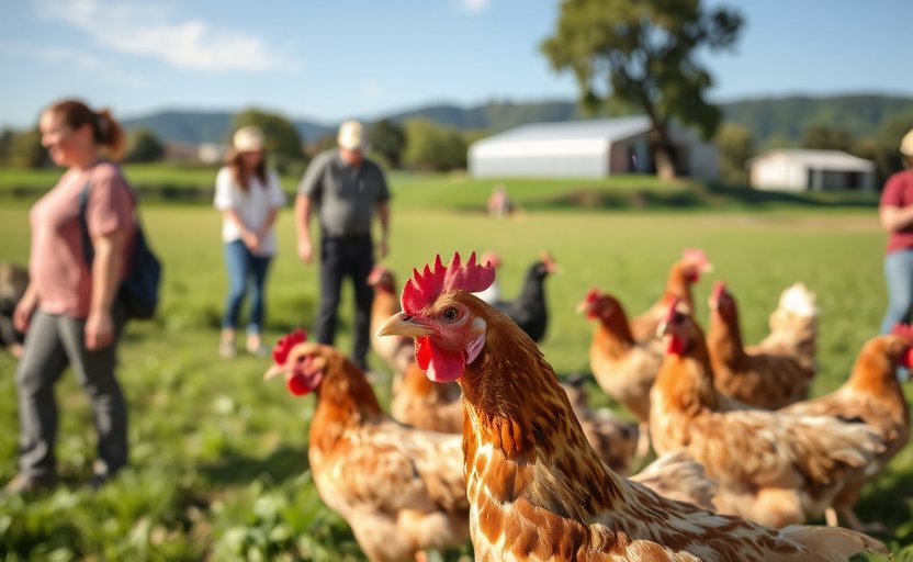 Visitors on a guided tour at Playmodex farm, interacting with free-range chickens in Seville.