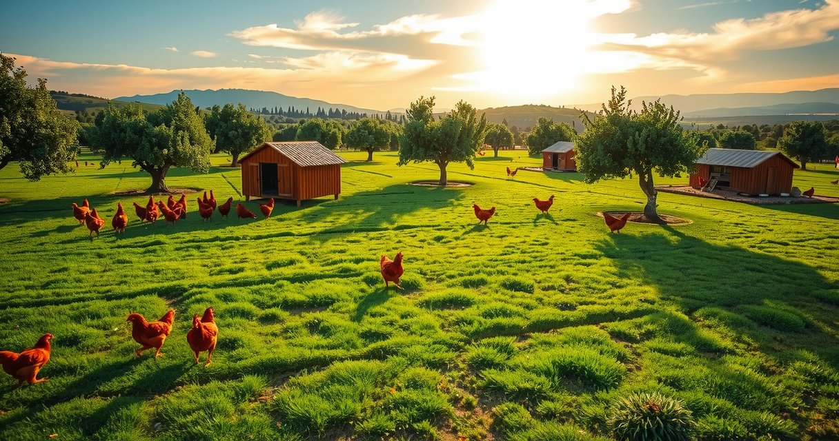 Aerial view of Playmodex farm in Seville, showcasing lush fields and free-roaming chickens under the Andalusian sun, embodying ethical chicken Spain and sustainable farm Seville.