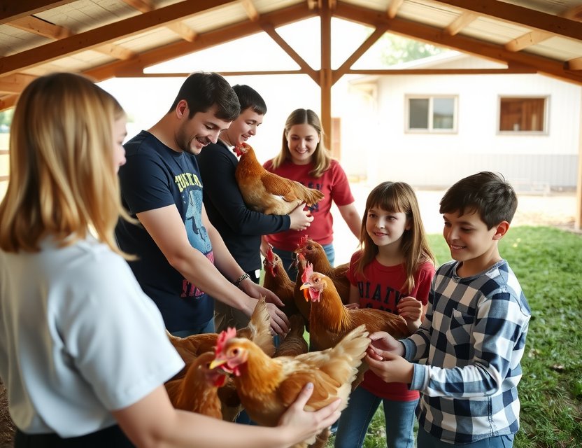 Visitors feeding happy free-range chickens at Playmodex ethical chicken farm in Seville, showcasing animal welfare